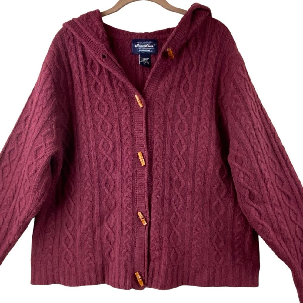 Vintage Lambswool Cardigan Sweater Size XL Burgundy Cable Knit Fisherman Hood